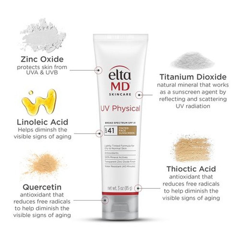 EltaMD UV Physical Tinted Mineral Sunscreen for Face SPF 41,100% Mineral Actives Tinted Face Lotion, Water Resistant, Paraben-Free, Transparent Zinc Oxide Finish,Travel Size Sunscreen 3 oz,(Pack of 2)