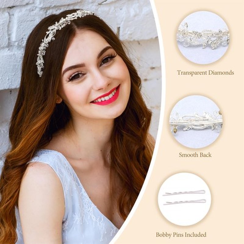 Oriamour Bridal headband Rhinestone Hair Band Bridal Headpieces for Bride Wedding Hair Accessories (Silver, 14'')
