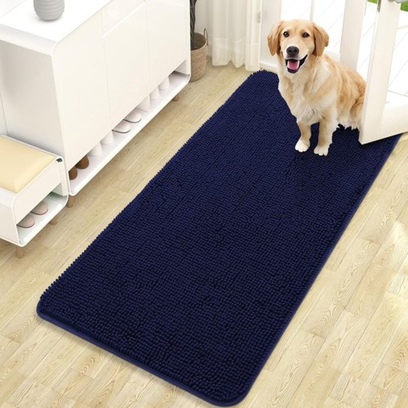 OLANLY Dog Door Mat - Absorbent Non-Slip Chenille Mat for Muddy Paws | 47x24, Navy Blue, Quick Dry