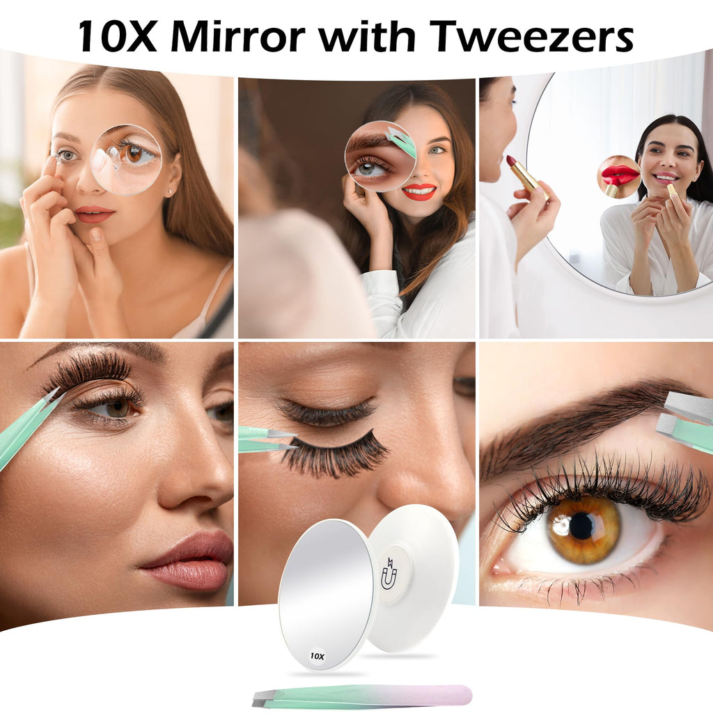 WangSelect Tweezers and 10X Magnifying Mirror Kit with Travel Leather Case, Eyebrow Tweezer Set for Women & Men, Great Precision for Facial Hair, Splinter and Ingrown Hair Removal - Candy Color