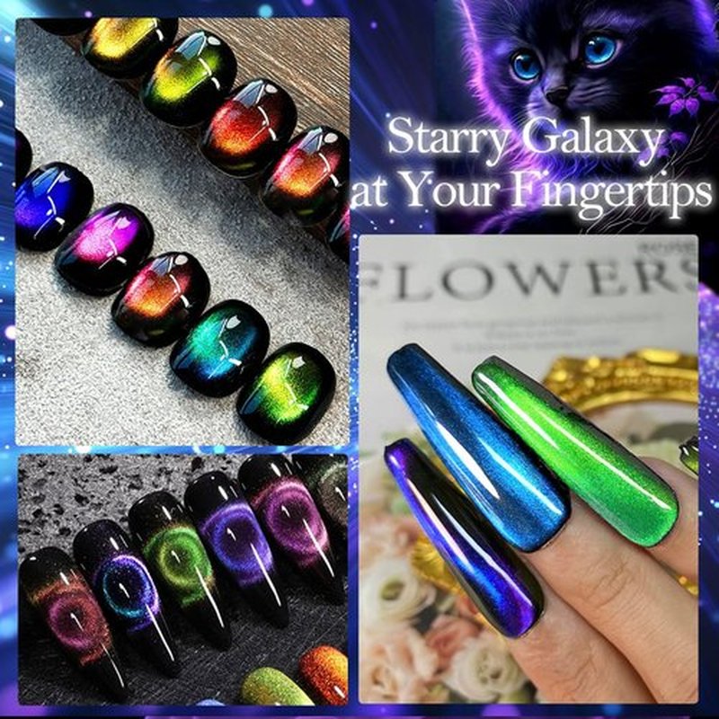 Cat Eye Gel Nail Polish, 9D Cat Eye Gel Polish with Magnet Stick, Chameleon Holographic Galaxy Effect with Dual Colors Magetic Polish U V/LED Need Professional Use for Salon-SetA