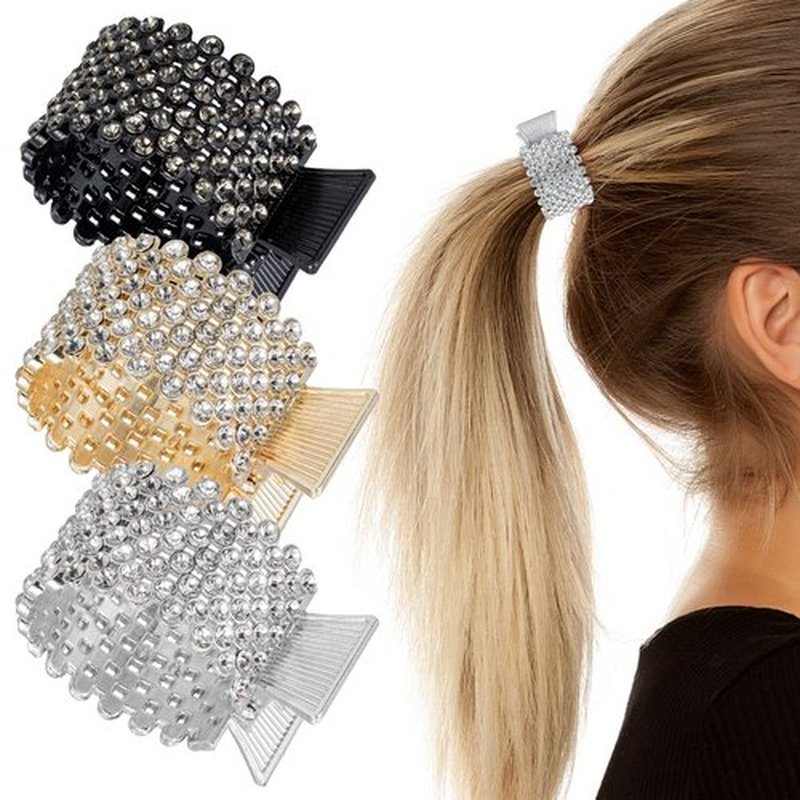 Noverlife 3PCS Rhinestone Hair Claw Clips for High Ponytail, Small Metal Shark Hair Clips Ponytail Buckle Holder for Thick Long Hair, Decorative Hair Barrettes Hair Accessories for Women & Girls