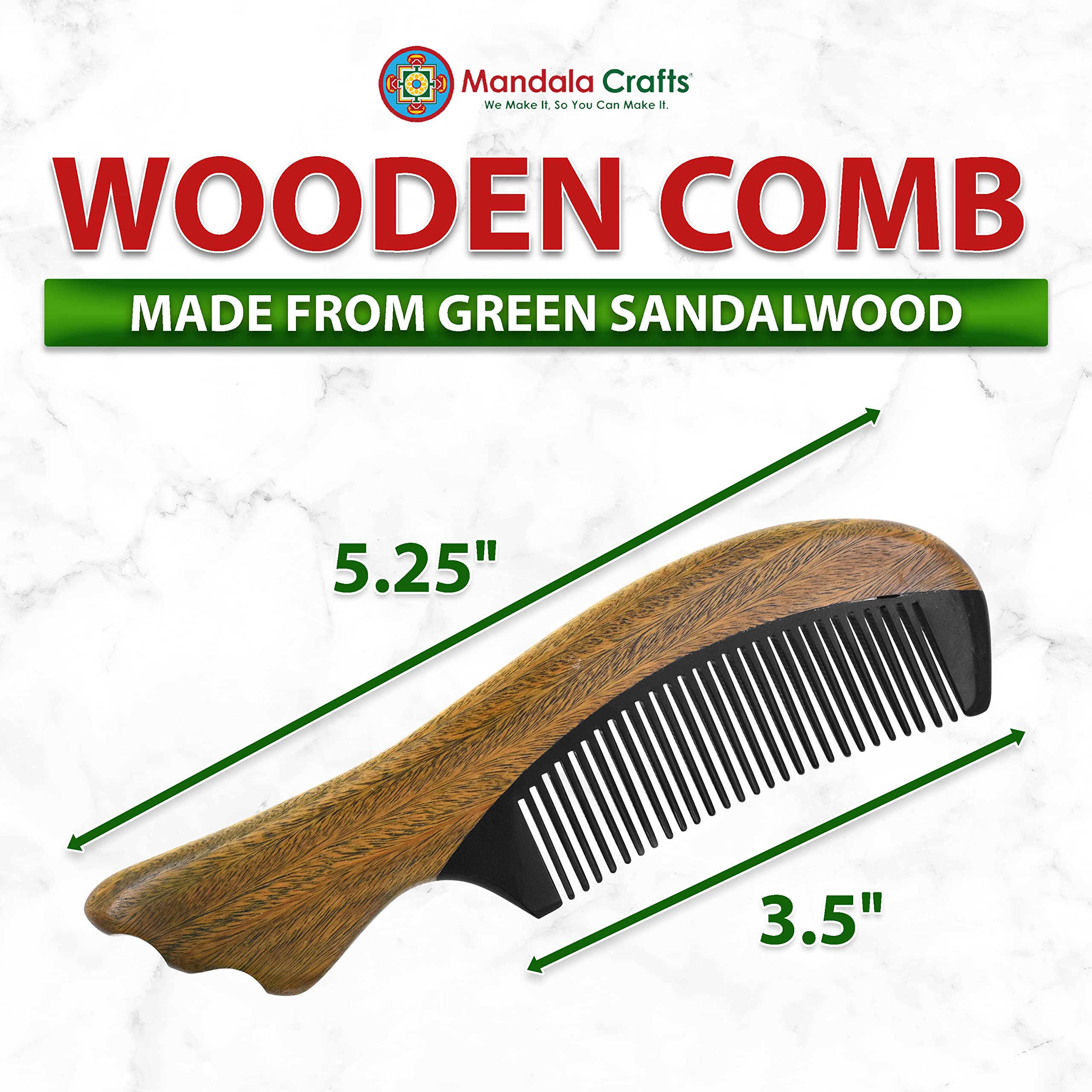 Mandala Crafts Wooden Comb – Green Sandalwood Horn Static-Reducing Design Wood Comb – Wooden Wide Tooth Hair Comb for Men Women Straight Curly Hair Detangling Beard