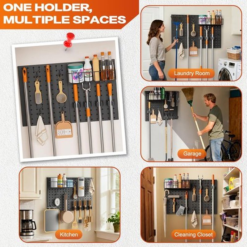 Skiennix Broom Holder Wall Mount - Durable Peg Board Organizer with Mop Hanger and Hooks for Laundry Room Storage