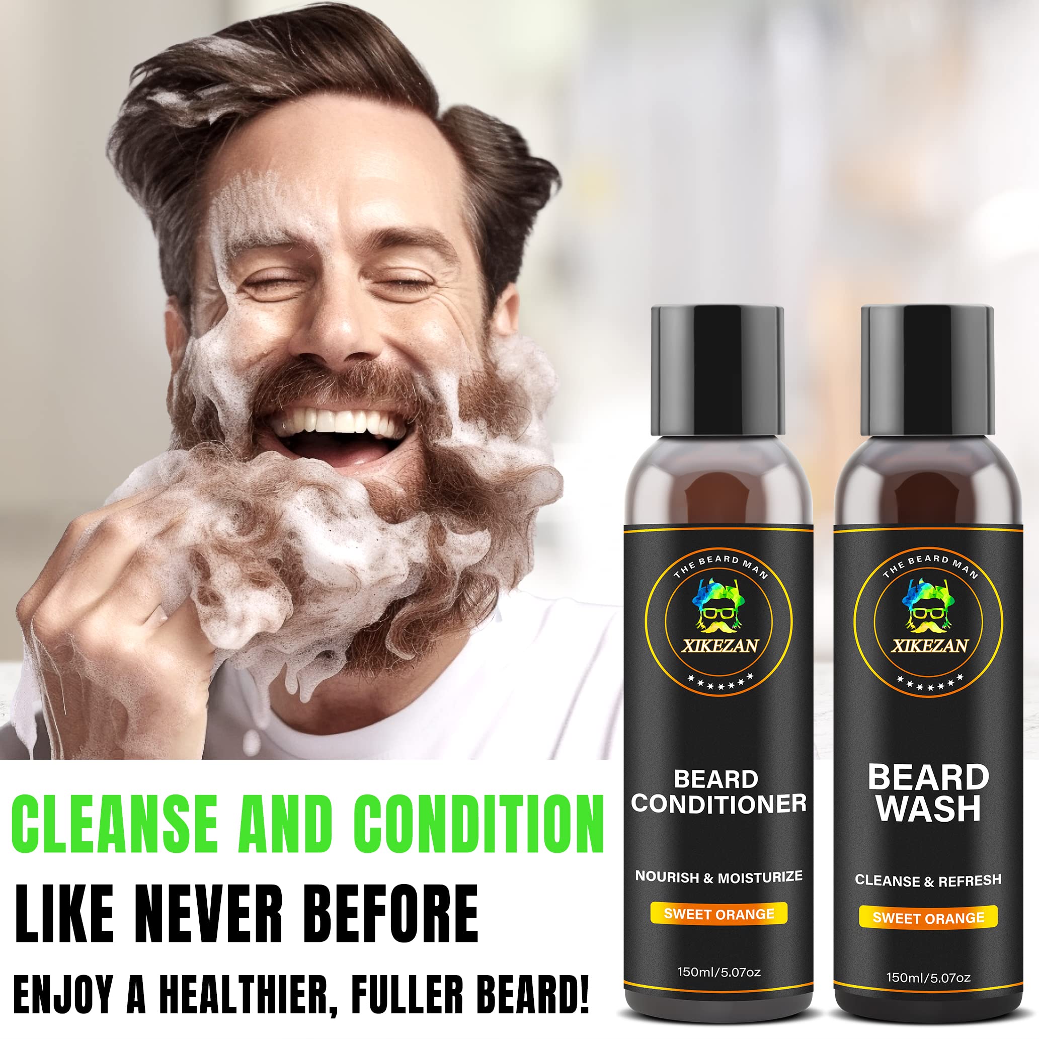 XIKEZAN Beard Wash & Beard Conditioner Natural Softener Set w/Argan & Jojoba Oils Smooths & Strengthens Christmas Stocking Stuffers Father Day Gifts for Men Him Dad Boyfriend Husband