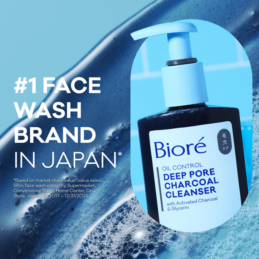 Biore Deep Pore Charcoal Face Wash, Daily Facial Cleanser for Dirt & Makeup Removal, for Oily Skin, 6.77 Oz