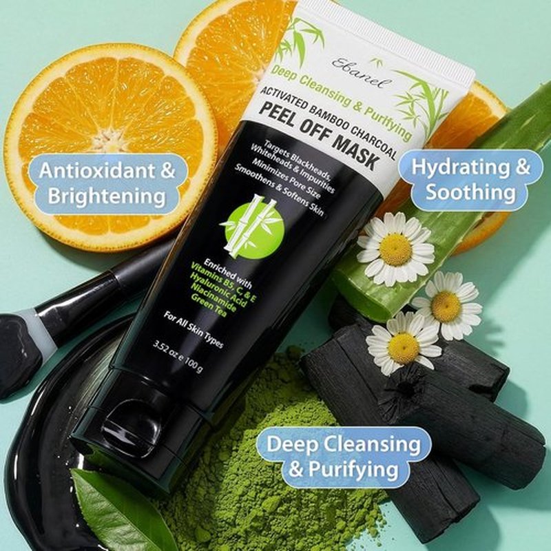 Ebanel Charcoal Peel Off Face Mask Applicator Set - Deep Pore Cleansing Blackhead Remover with Niacinamide & Vitamin C
