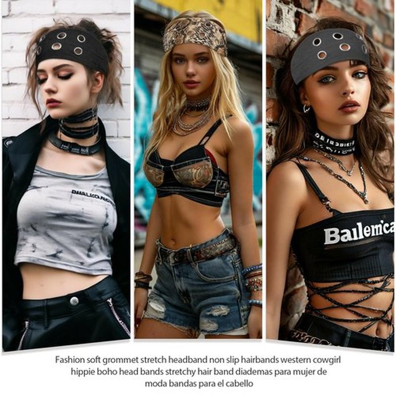 4 Pack Y2K Punk Hollow Metal Headbands - Wide Hairband with Grommet Eyelet Design, Leopard Print Elastic Bands - Retro Fashion Accessories for Girls, Women, Festival, Street & Daily Wear(A)