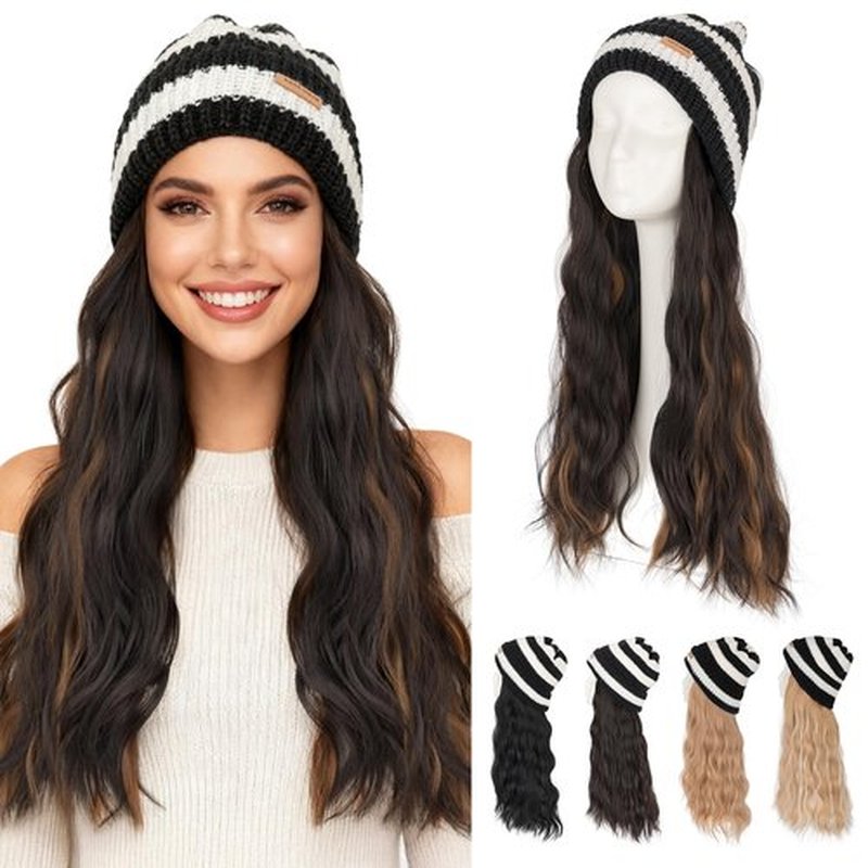 Hairro Hats With Hair Attached For Women Beanie Wig Synthetic Wavy Knitted Hat For Winter Warm Pom Pom Slouchy Cable Hat 18" 240g #4P27 Medium Brown&Dark Blonde