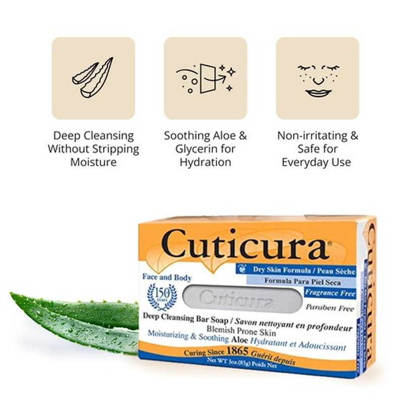 Cuticura Deep Cleansing Face and Body Soap, Dry Skin Formula – Deep Cleansing Bar Soap for Blemish-Prone Skin 3 oz (Pack of 3)