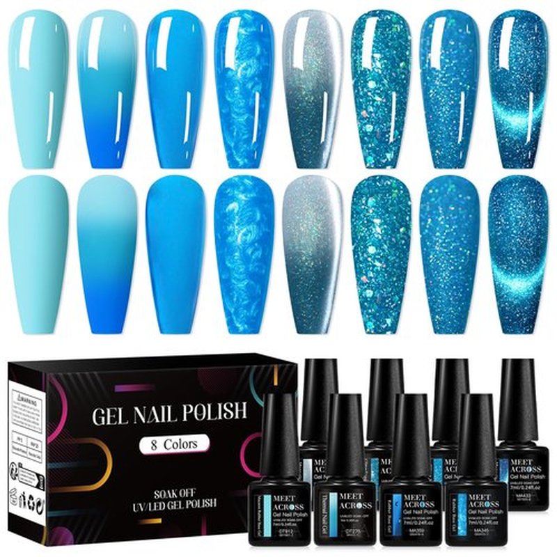 8PCS Gel Nail Polish Set Royal Sky Blue Navy, Reflective Glitter Cat Eye Color Changing Moonlight Magnetic Thermal Rubber Base Coat Glaze Builder Meteorite Sequins Glitter Thermal Manicure for Women