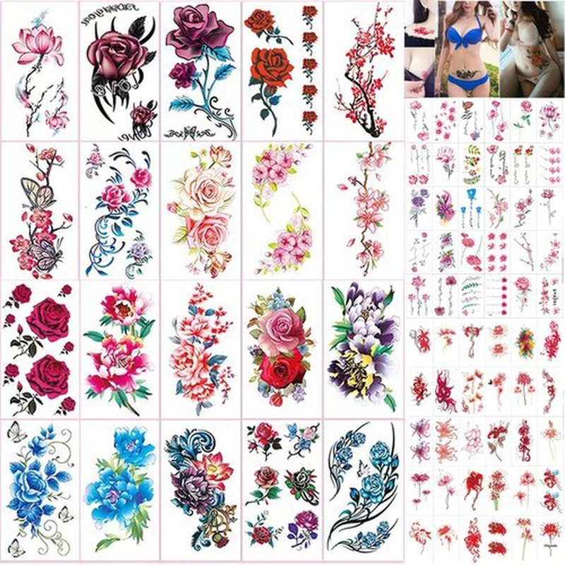 80 Sheets Flowers Temporary Tattoos Stickers Creative Small Red Flowers Large Roses Mixed Style Body Arm Chest Waist Face Neck Fake Tattoos for Women