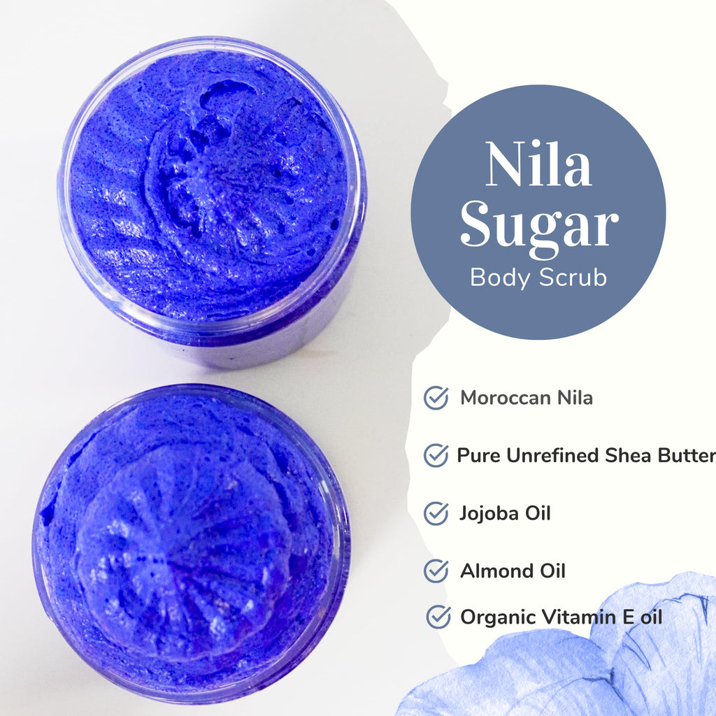 Blue Nila Whipped Sugar Scrub 2 in 1 Soap + Scrub made with Pure Moroccan Nila deeply Clean the Skin, Gently Exfoliate and Even Skin Tone.
