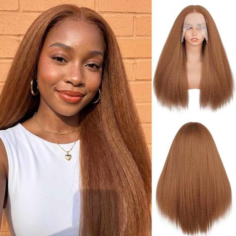 Cemuto Kinky Straight Lace Front Wigs Pre Plucked with Baby Hairs 180% Density Yaki Straight 13x6 Synthetic Transparent HD Glueless Lace Wig as Human Hair Auburn Brown 22 Inch