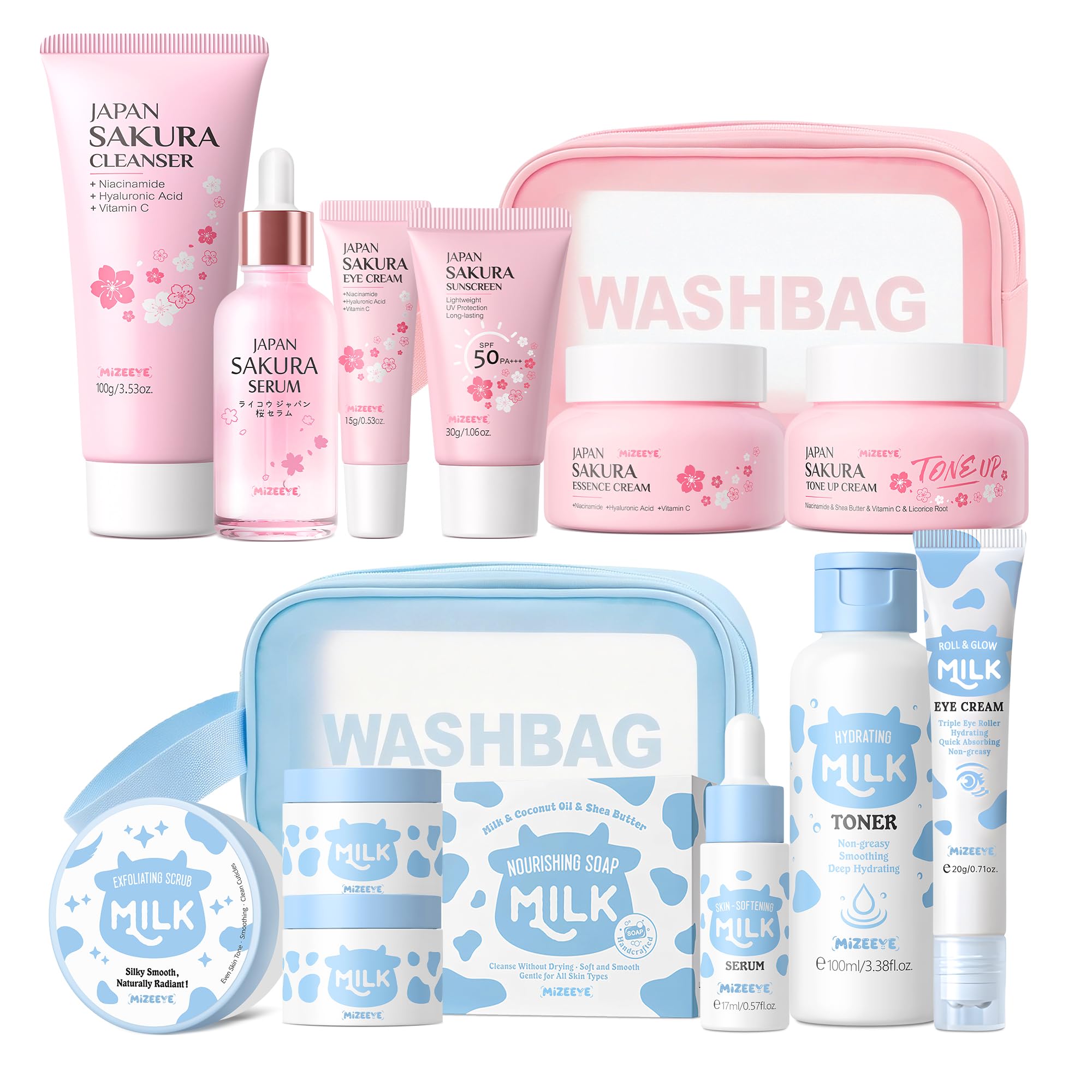 Sakura & Milk Skincare Set for Teens & Kids, 15 PCS Complete Day & Night Face Routine Kit for Girls & Office Worker, Hydrating, Shrink Pores, Perfect Gift Set for Self Care, Birthday, Party