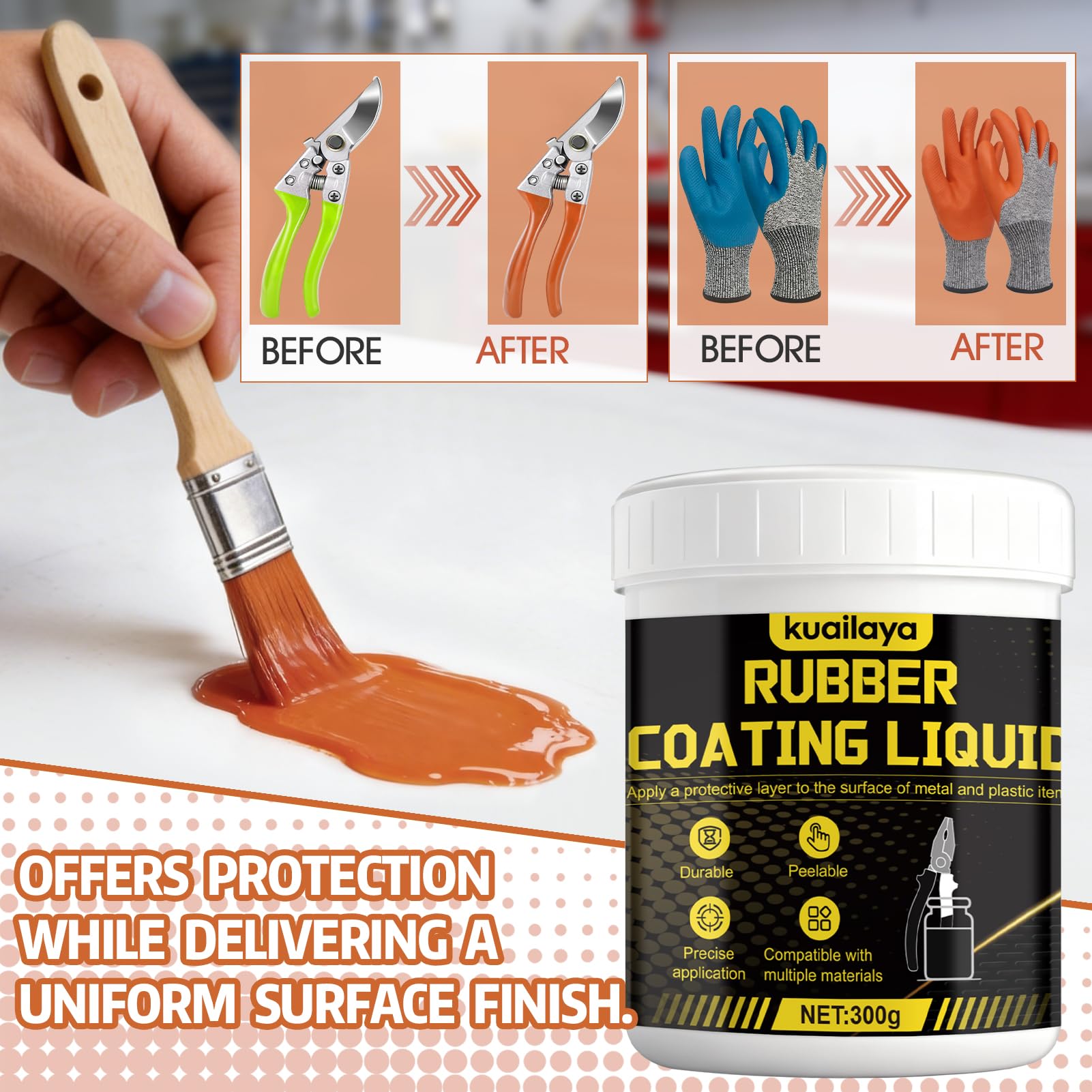 kuailaya Rubber Dip for Tools, Liquid Rubber Dip Tool Handle Dip Coating Effective Protection Slip Resistance Waterproof and Insulating Easy to Peel for Tool Protection Creative DIY, Burnt Orange 300g