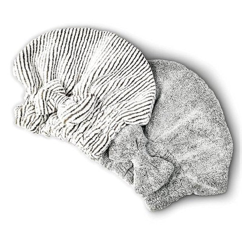 SportMore Microfiber Hair Towel Wrap, Soft Absorbent & Quick Drying Cap Set for Curly Thick Hair, Women & Girls - 2 Pcs (Stripe & Gray)