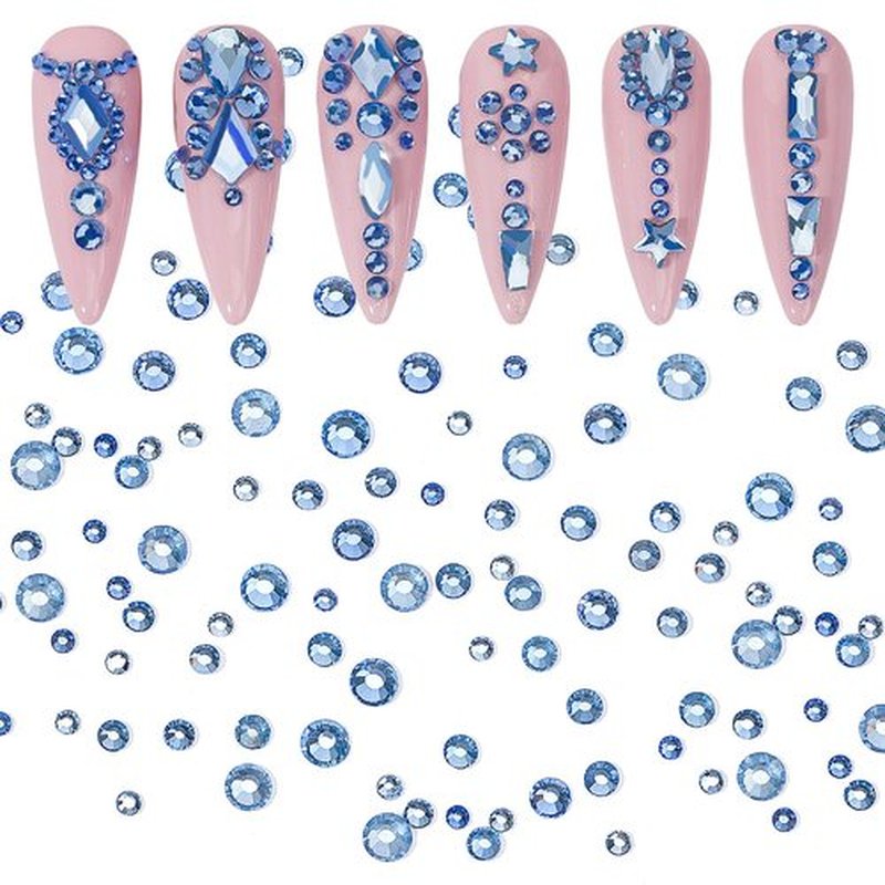 Nail Rhinestones Kit 9080PCS Flatback Rhinestones for Nail Crystals Decoration Nail Hearts Multi Shapes Mix Size and Metal Beads Pearl Gold Silver with Glue Gel and Pen Brush Tweezers(Light Blue)