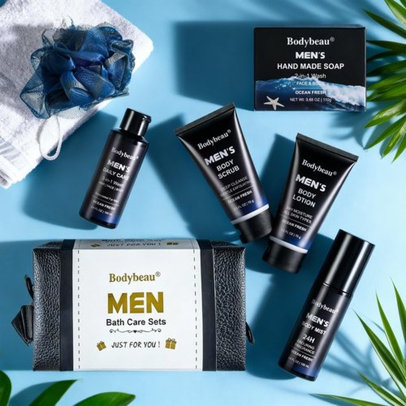 Gift for Men, 7-Piece Bath and Body Spa Gift Set, Men's Skin Care Includes 3-in-1 Face Wash, Handmade Soap, Body Mist, Lotion, Shower Sponge & Travel Bag-Gifts for Dad, Husband, Boyfriend and Friends