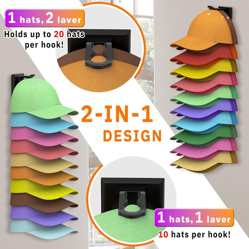 Volnamal Hat Organizer - 2 Pack Baseball Cap Rack for Wall | Holds Up to 40 Hats, Strong Adhesive Storage (Black)