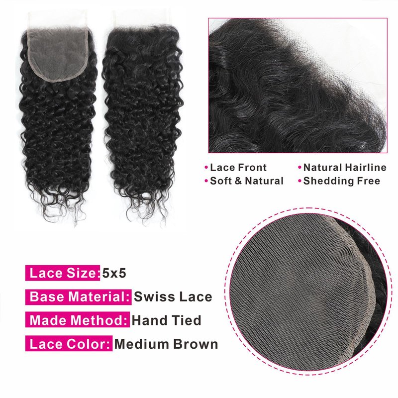 Water Wave Bundles with Closure 12A Brazilian 5 x 5 HD Lace Closure 100% Human Hair (12 14 16+12) Closure Free Part Wet and Wavy Bundles with Natural Color