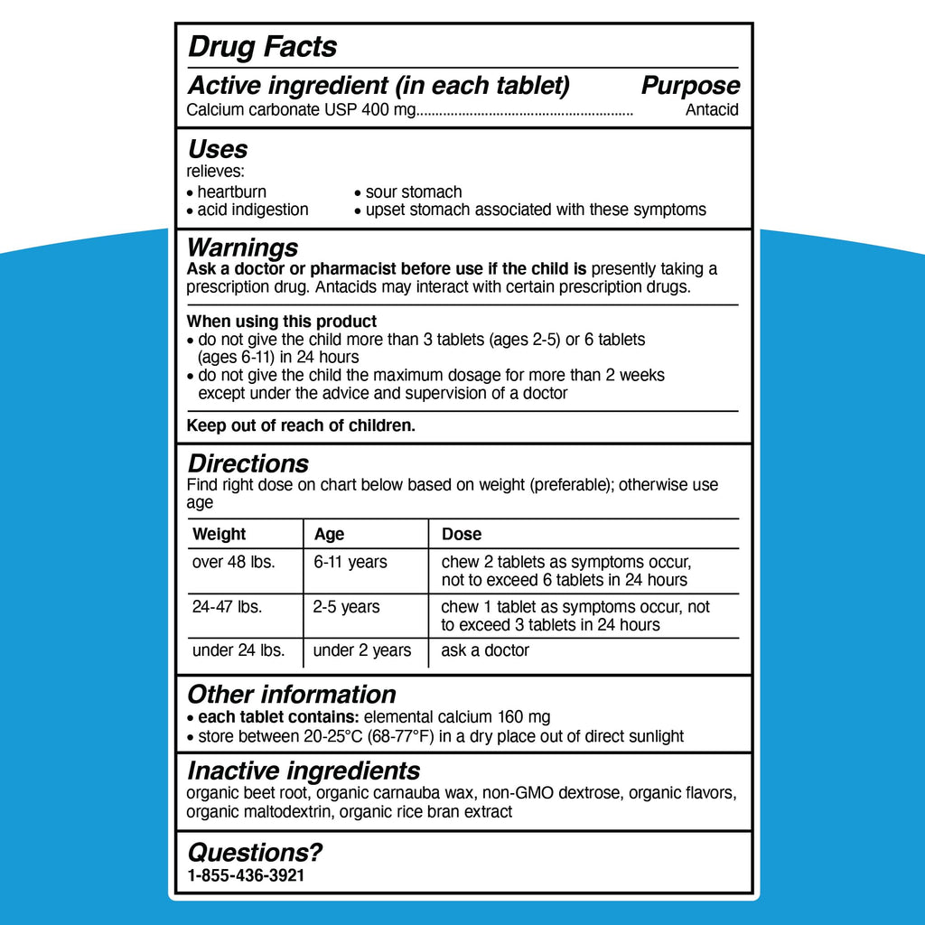 Genexa Kids' Clean Tummy Relief | Heartburn, Acid Indigestion & Sour Stomach Relief | Children's Calcium Carbonate | Dye Free, 0% Artificial Additives | Ages 2-11, Berry Flavor Chewable Tablets, 30ct
