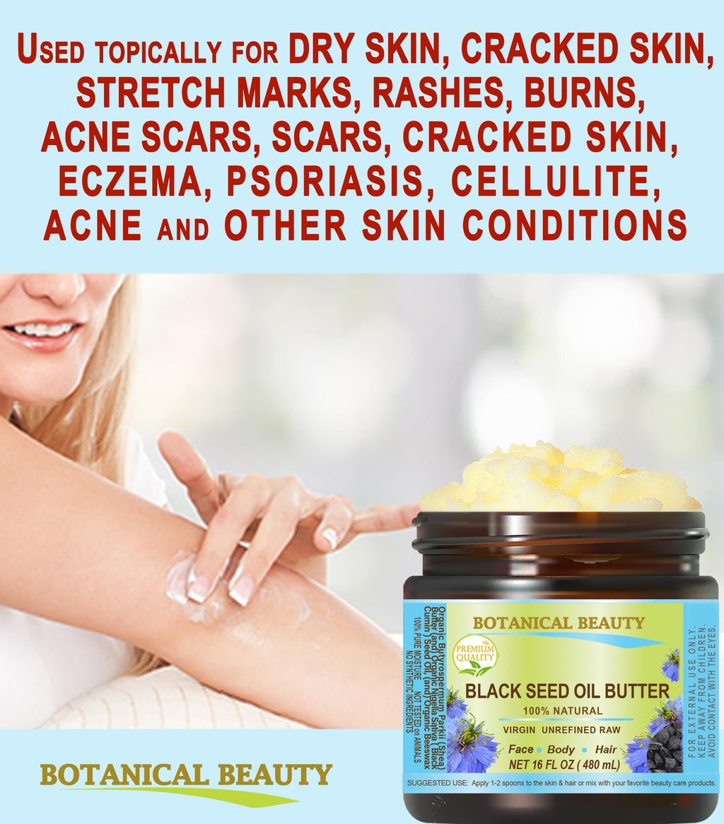 Botanical Beauty BLACK SEED OIL BUTTER 100% Natural Pure Virgin Unrefined Raw for FACE, SKIN, BODY, HAIR, NAILS, DRY SKIN. Organic Black Seed Oil, Shea Nut Butter, Vitamin E, Beeswax. 4 Fl oz 120 ml