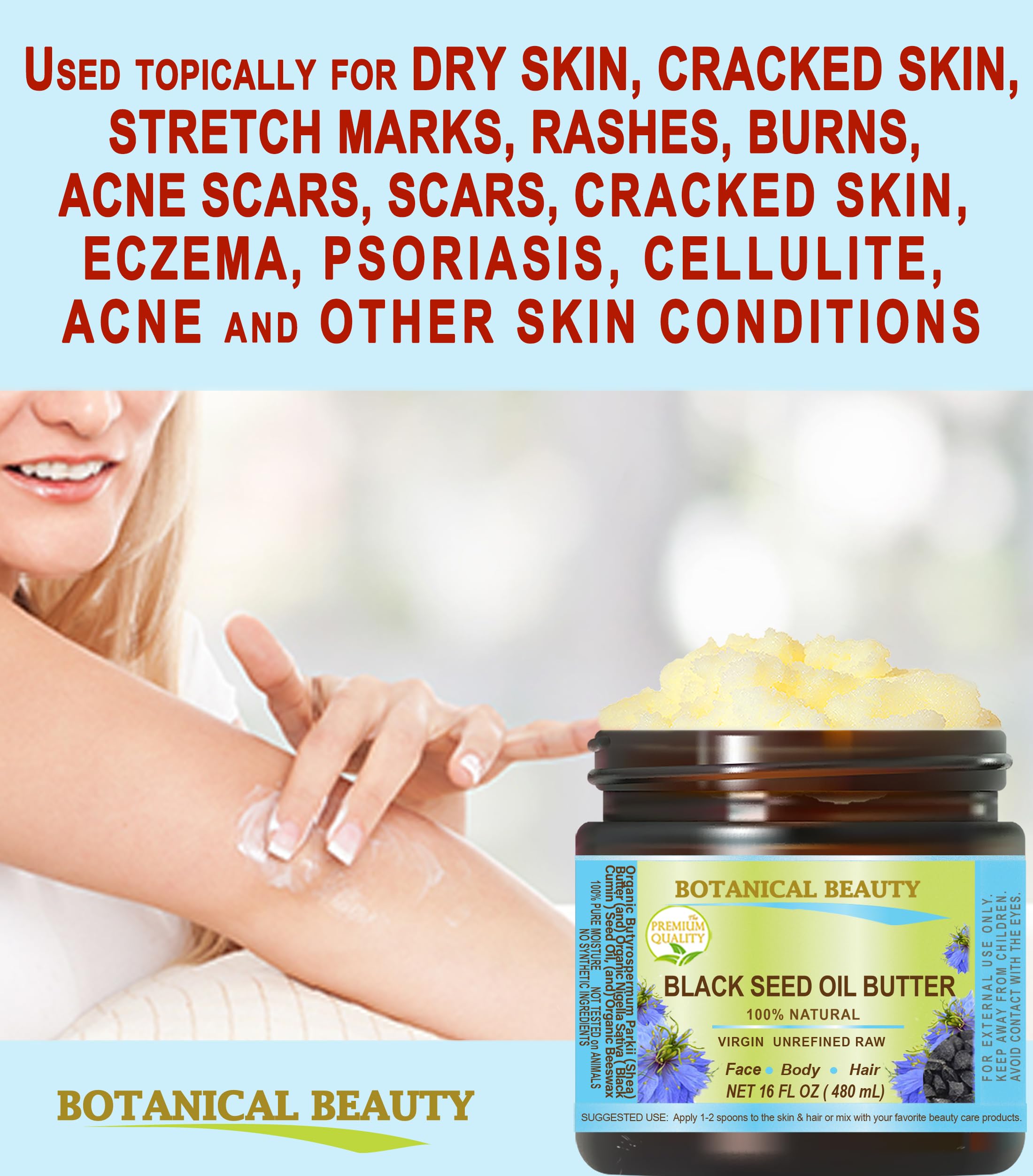 Botanical Beauty BLACK SEED OIL BUTTER 100% Natural Pure Virgin Unrefined Raw for FACE, SKIN, BODY, HAIR, NAILS, DRY SKIN. Organic Black Seed Oil, Shea Nut Butter, Vitamin E, Beeswax. 4 Fl oz 120 ml