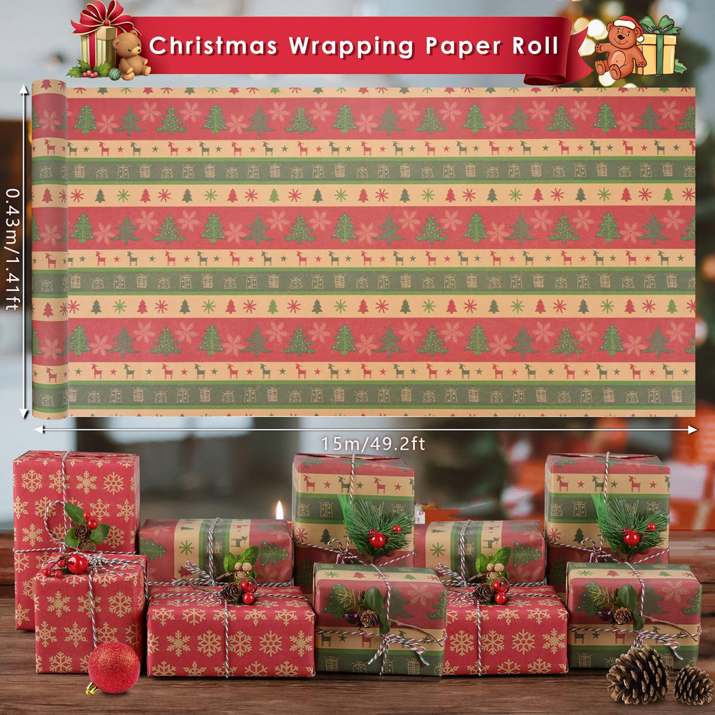 AhfuLife 2 Rolls Christmas Wrapping Paper - 17 Inch × 49.2 Ft Per Roll, Recyclable Red Kraft Xmas Wrapping Paper for Christmas Gift Box Decoration