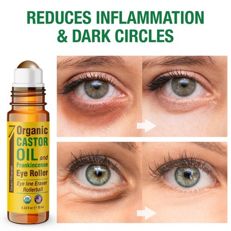Seven Minerals Organic Castor Oil Roll On Eye Roller for Under Eye Bags, Dark Circles & Wrinkles - Organic Blend of Castor Oil And Frankincense - Brightens, and Revitalizes Skin & Face - 0.33 fl oz