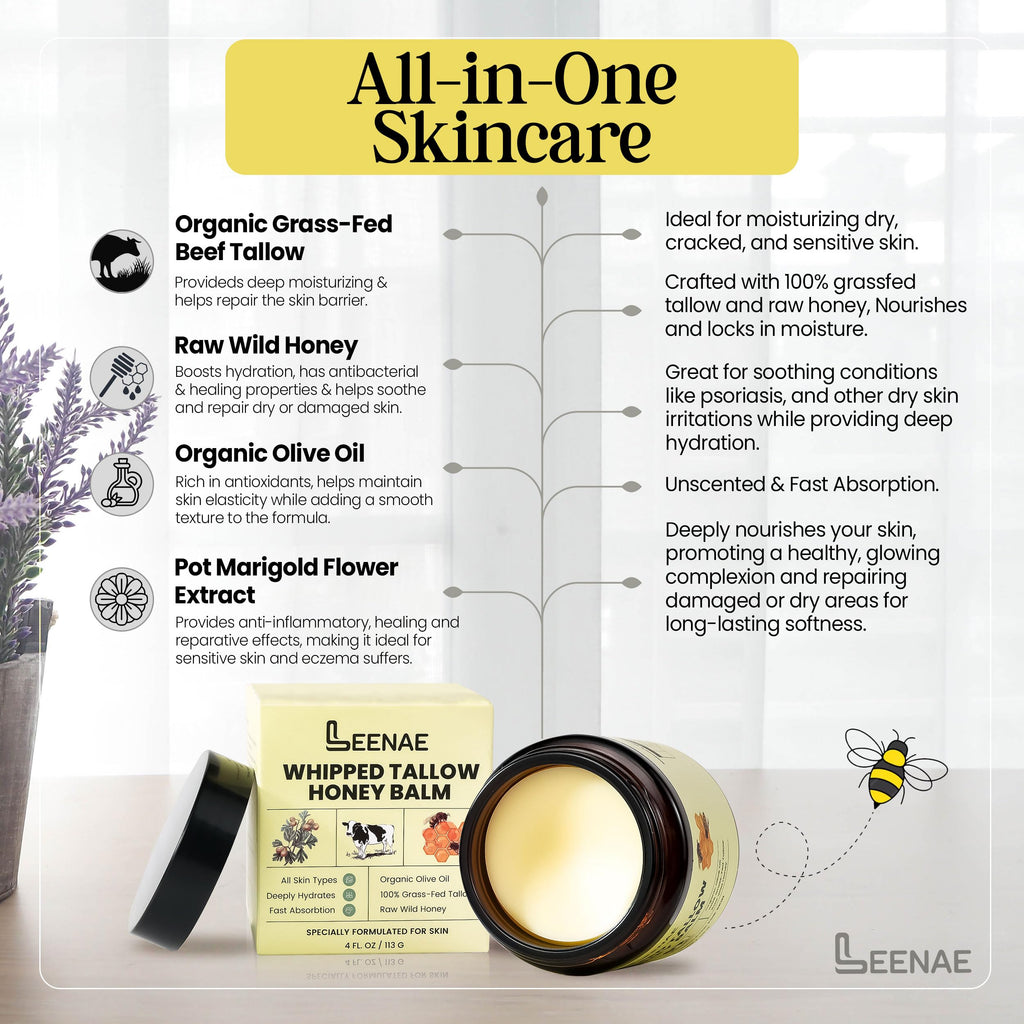 LEENAE Whipped Beef Tallow Moisturizer with Honey – Grass Fed Tallow Face & Body Balm, Unscented Natural Skin Cream with Olive Oil, 4 oz