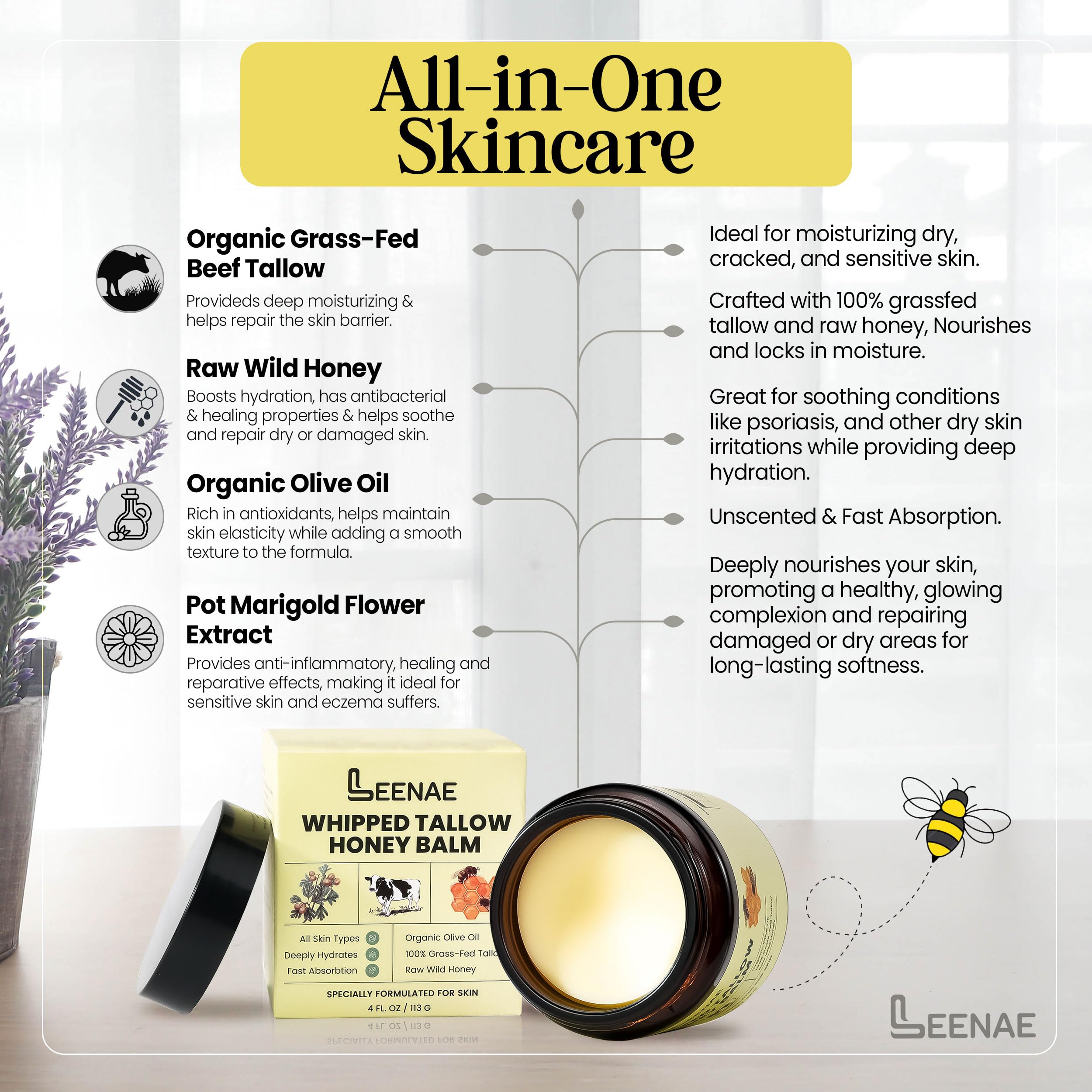 LEENAE Whipped Beef Tallow Moisturizer with Honey – Grass Fed Tallow Face & Body Balm, Unscented Natural Skin Cream with Olive Oil, 4 oz