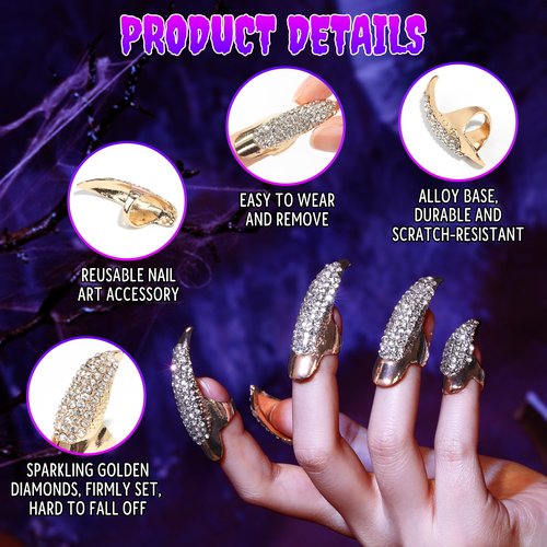 10 Pcs Halloween Costume Claws Fake Nails Ring Set, Gothic Punk Crystal Full Finger Rings 3 Sizes Retro Metal Paved Paw Bend Fingertip Claw Rings for women Men Nail Art Holiday Party (Golden)