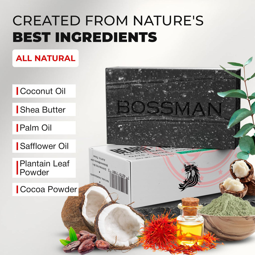 Bossman Men's 4-in-1 Bar Soap for Men + White Soap Dish Bundle – 4 oz Bar with Eucalyptus & Tea Tree Scent + Ceramic Base with Bamboo Tray