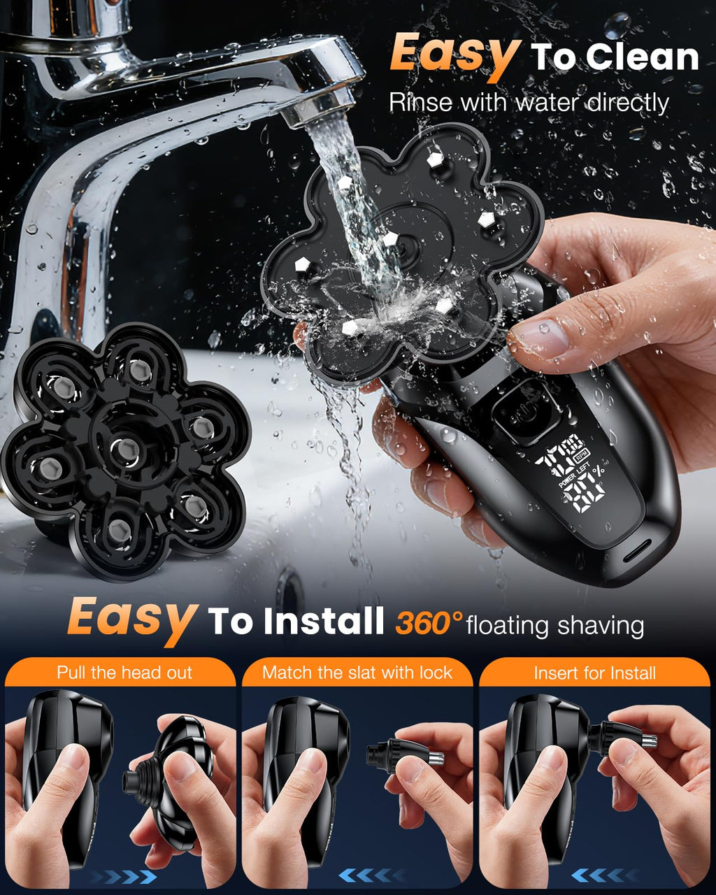 Vylto Head Shavers for Bald Men, 5-in-1 Electric Shaver Grooming Kit, 7D Floating IPX7 Waterproof Rechargeable Wet/Dry Razor for Skull Bald Head, Body Hair, with Massager, Black