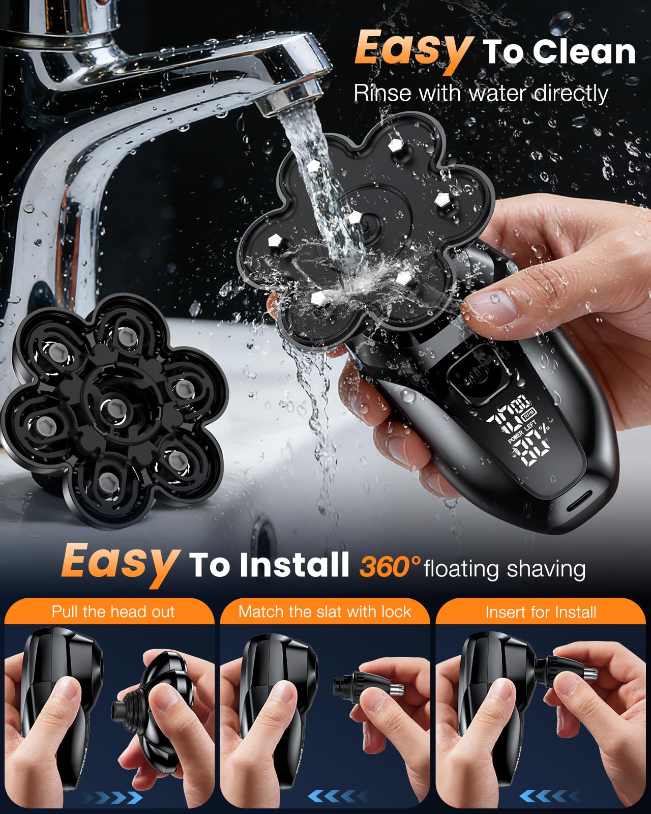 Vylto Head Shavers for Bald Men, 5-in-1 Electric Shaver Grooming Kit, 7D Floating IPX7 Waterproof Rechargeable Wet/Dry Razor for Skull Bald Head, Body Hair, with Massager, Black