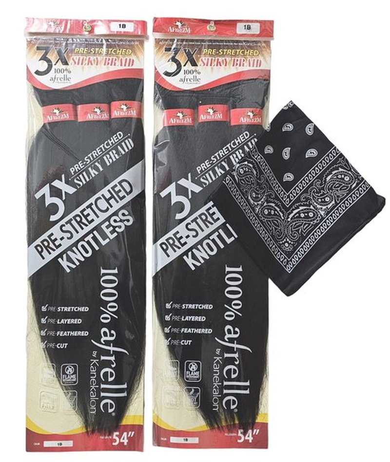 Afreezm Pre-Stretched Silky Braiding Hair 3X with Bandana - 2 Packs - 54 inches (#1B)