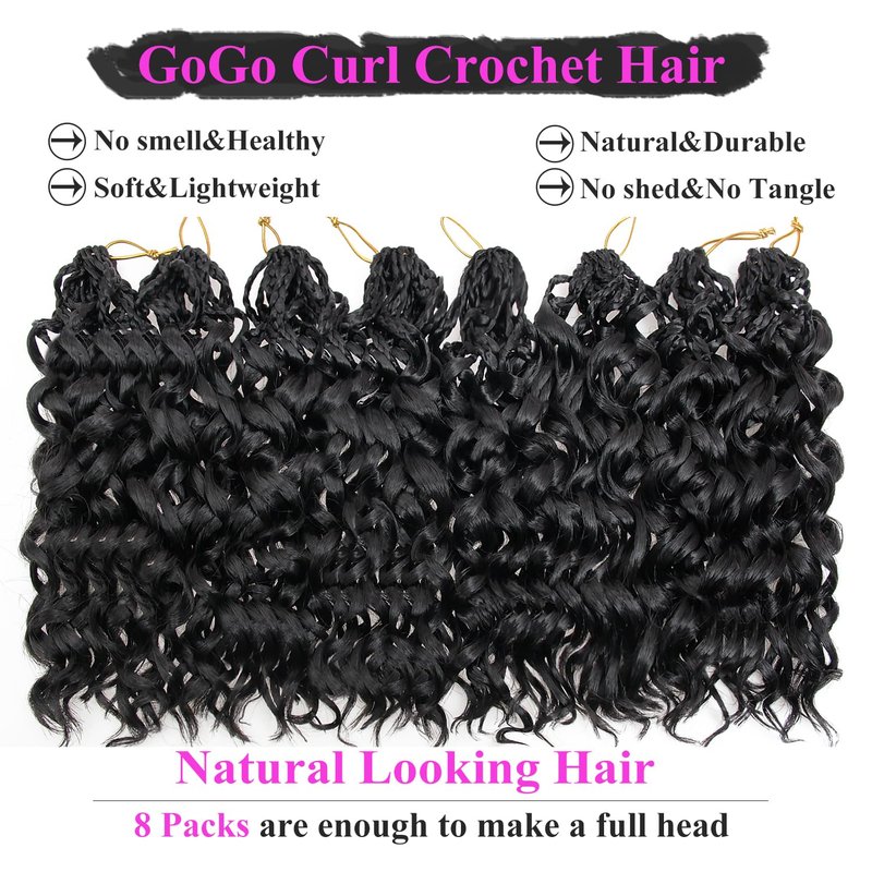XSASLYET 10 Inch Pre Looped Crochet Hair for Black Women–Gogo Curl Curly Crochet Hair with Deep/Water/Ocean Wave Texture, Lightweight Synthetic Hair, Easy Install, Natural Look (8 Packs, 1B)