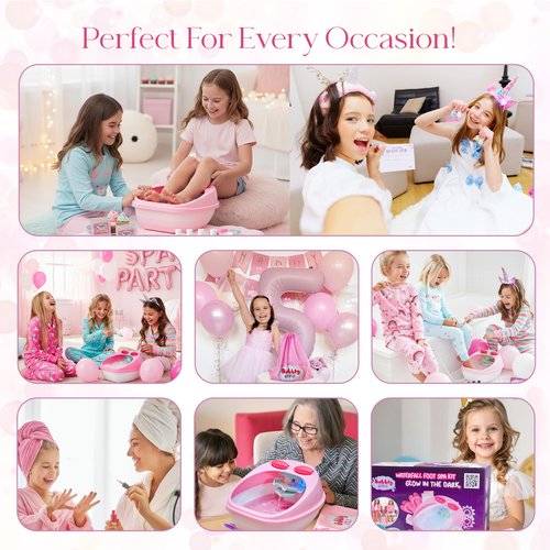 Glow in Dark Kids Spa Day Kit for Girls, 42+ Pieces Waterfall Foot Spa Toys, Nail Spa Kit, Pedicure Manicure Accessories, Perfect Spa Kit for Girls Ages 6 7 8 9 10 11 12, Fun Birthday Gifts or Present