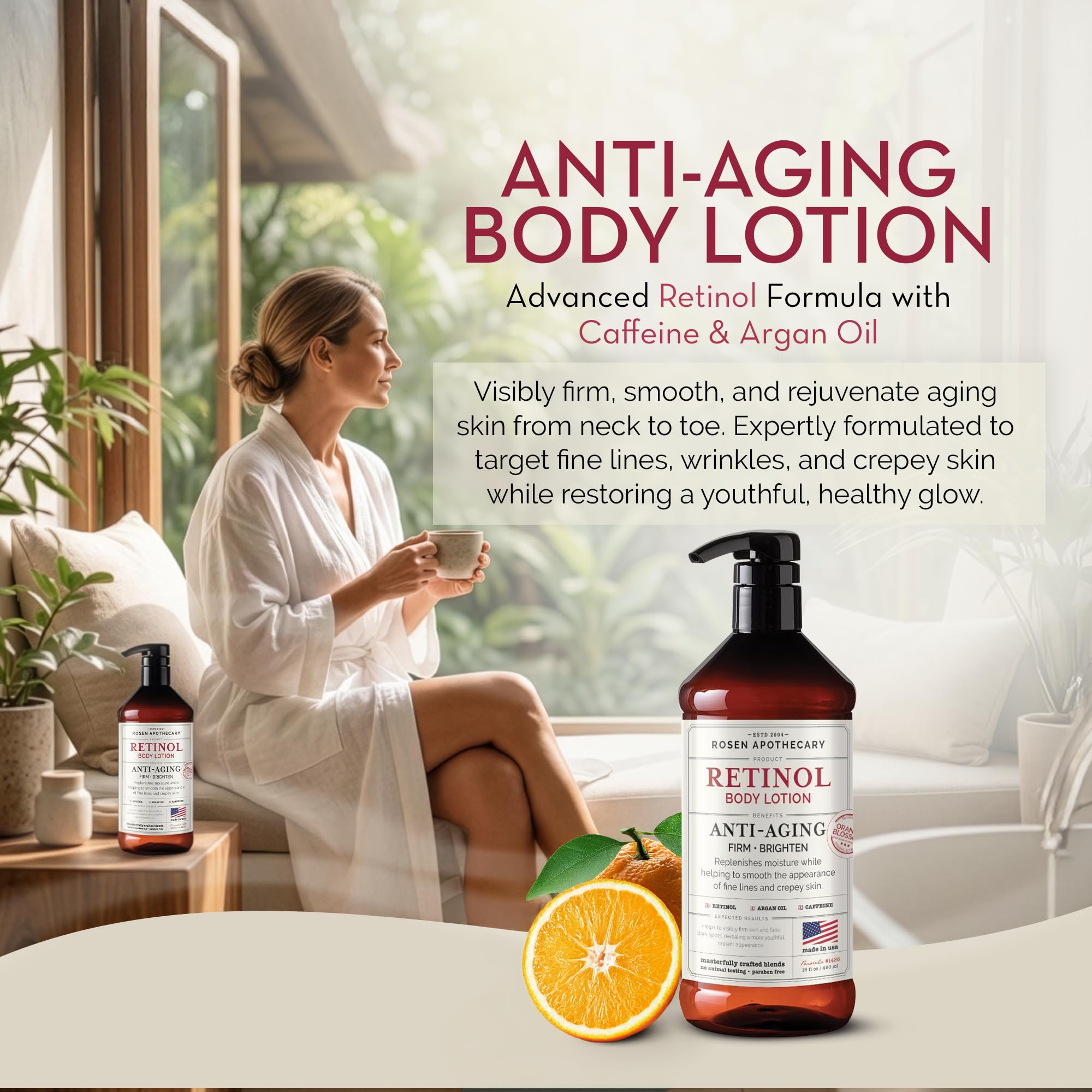 Rosen Apothecary Anti-Aging Retinol Body Lotion for Crepey Skin, Caffeine Firms & Tightens Aging Skin, Boosts Collagen, Restores Youthful Glow, 480ml