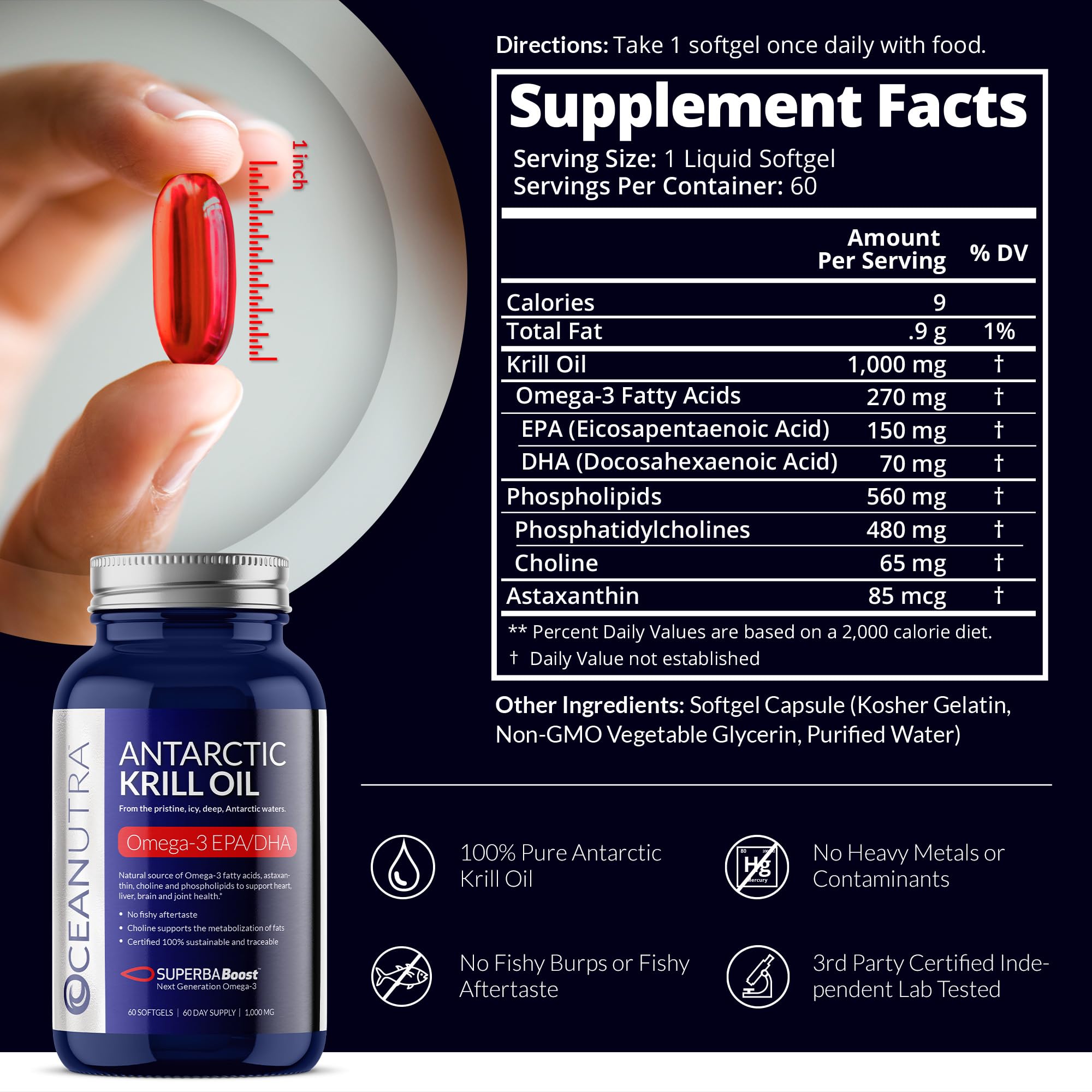 100% Pure Organic Krill Oil 1000mg, 60-Day, Omega 3 Supplement, Highest Concentration 56% Phospholipids, Wild Caught, Sustainable Traceable Antarctic Omega 3, Astaxanthin, Heart, No Fish Oil
