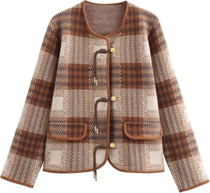 HOULENGS Women's Vintage Plaid Print Cardigan Sweater - Long Sleeve Knit Coat with Pockets