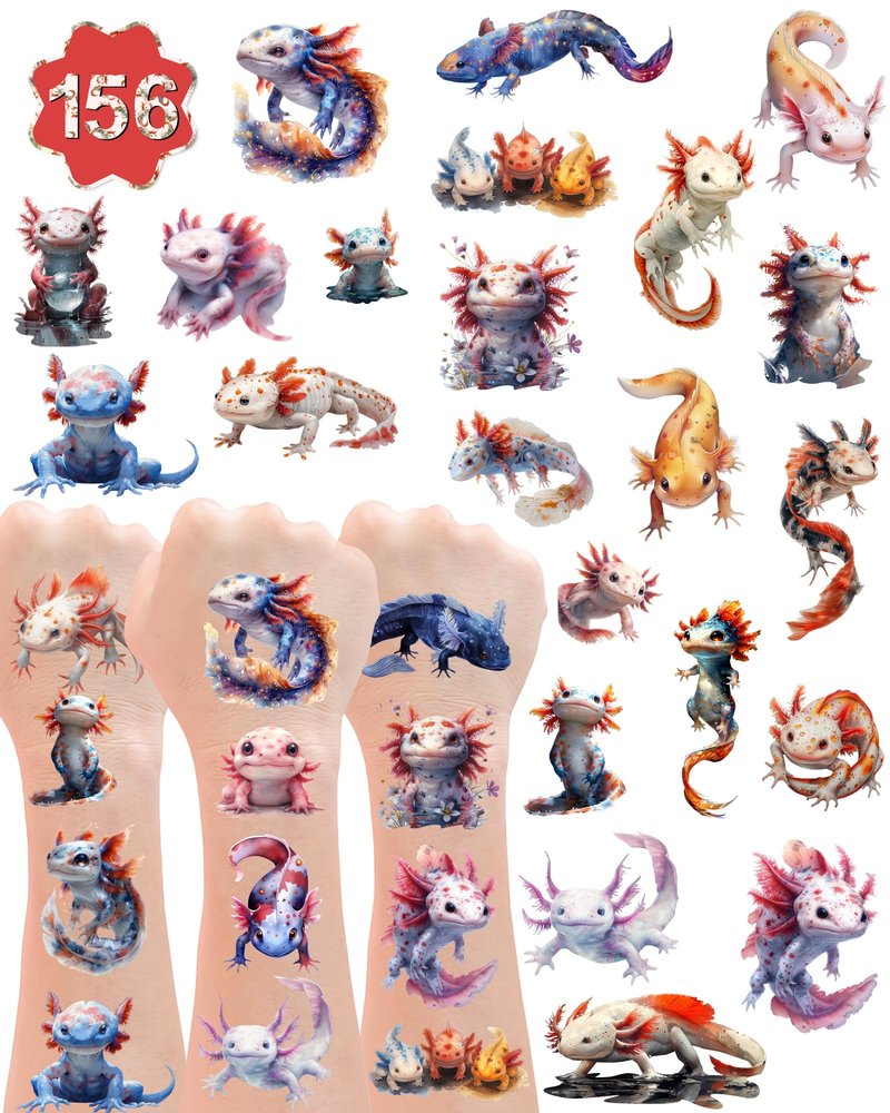 YanZonic 156Pcs Axolotl Temporary Tattoos - Cute Axolotl Tattoos Stickers for Axolotl Birthday Party Decorations Supplies, 20 Sheets