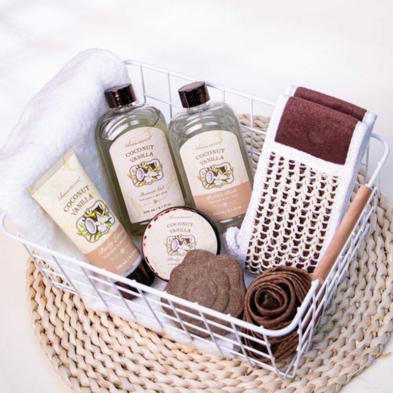 Spa Gift Baskets - Coconut Vanilla Bath Gift Set for Women, Luxury Relaxing Spa Kit with Bath Bombs, Body Lotion and Body Scrub, Birthday Gifts for Women, Christmas Spa Gifts for Mom