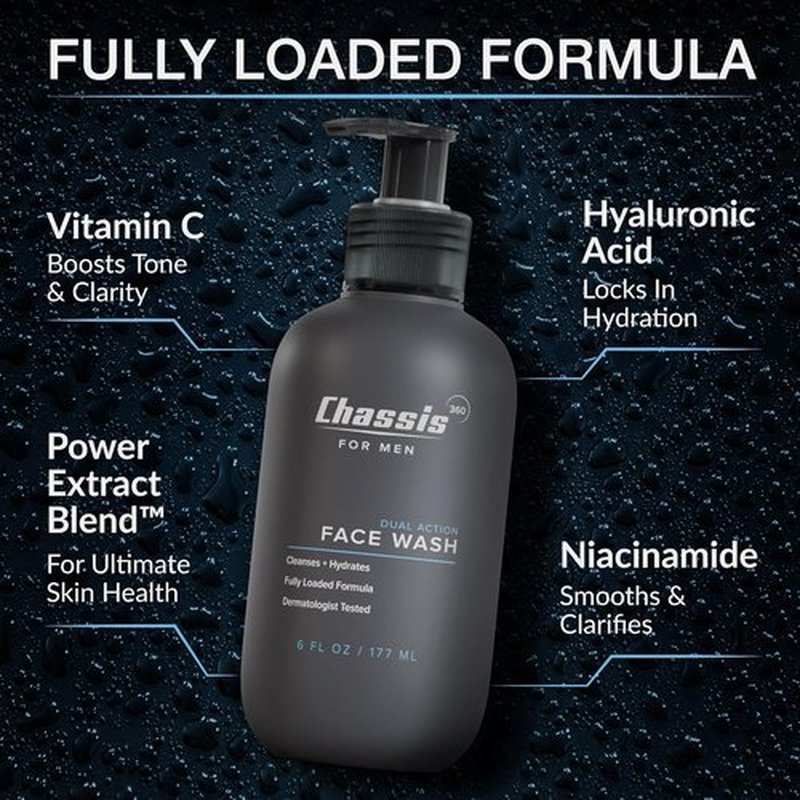 Chassis 360 Face Wash - Hydrating & Oil Control for Men with Niacinamide & Vitamin C | 6 Fl Oz, Unscented