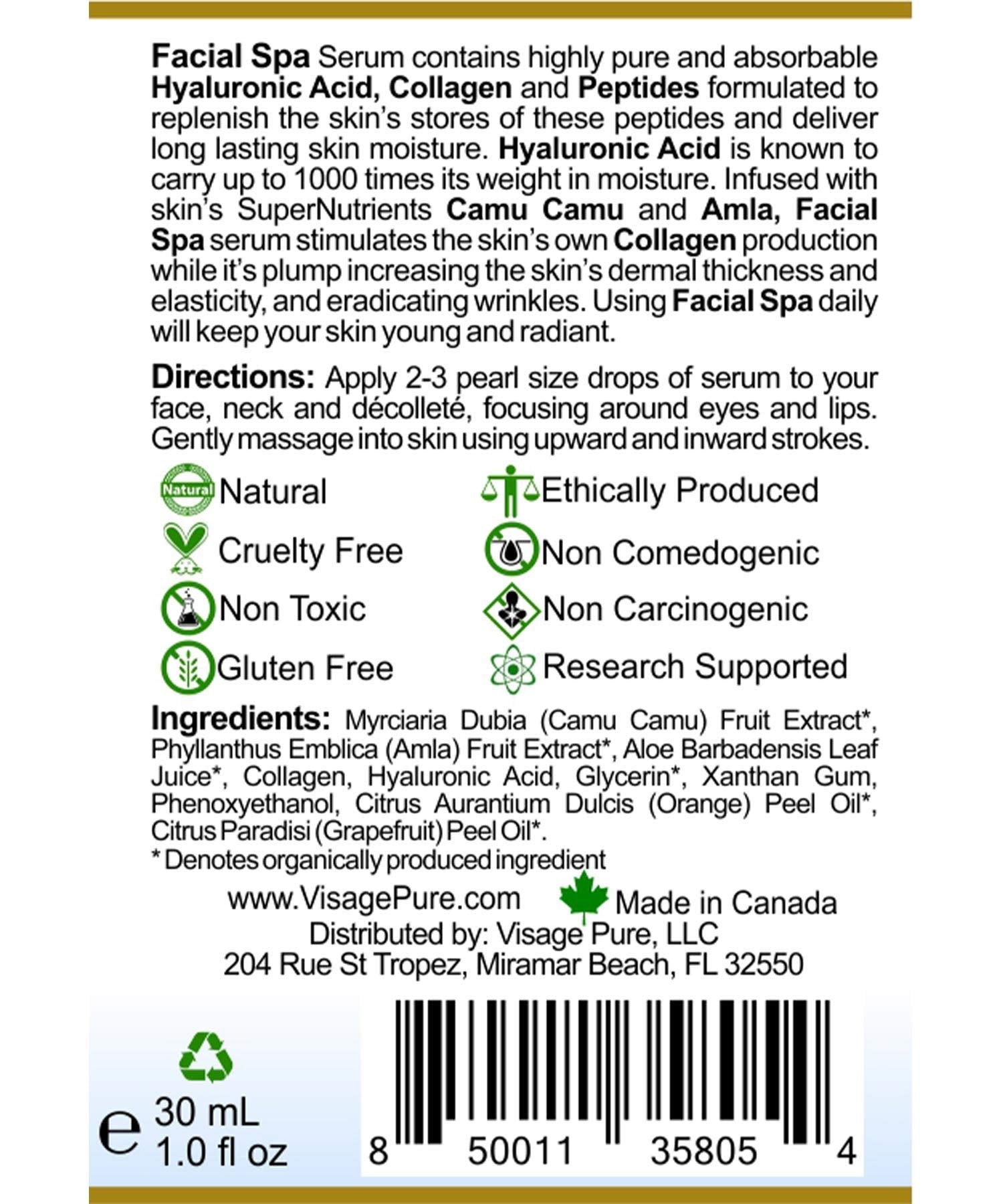Visage Pure - Facial Spa"Dermal Thickening" Serum - Organic - Physician Formulated - Research Supported - Extra Nutrient and Vitamin C Charged Blend of Collagen, Hyaluronic Acid and Peptides