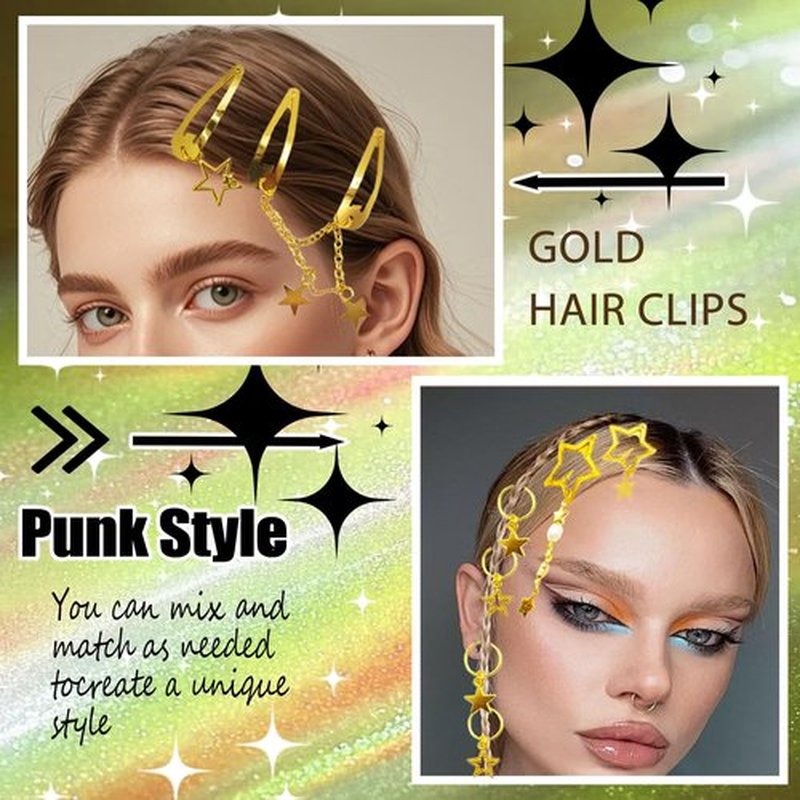 24PCS Gold Star Hair Clips Hair Cuffs Rings Silver Metal Star Barrettes 10 Shapes Pentagram Y2k Barrettes for Women 2000s Hair Accessories for Girls (Silver/Gold)