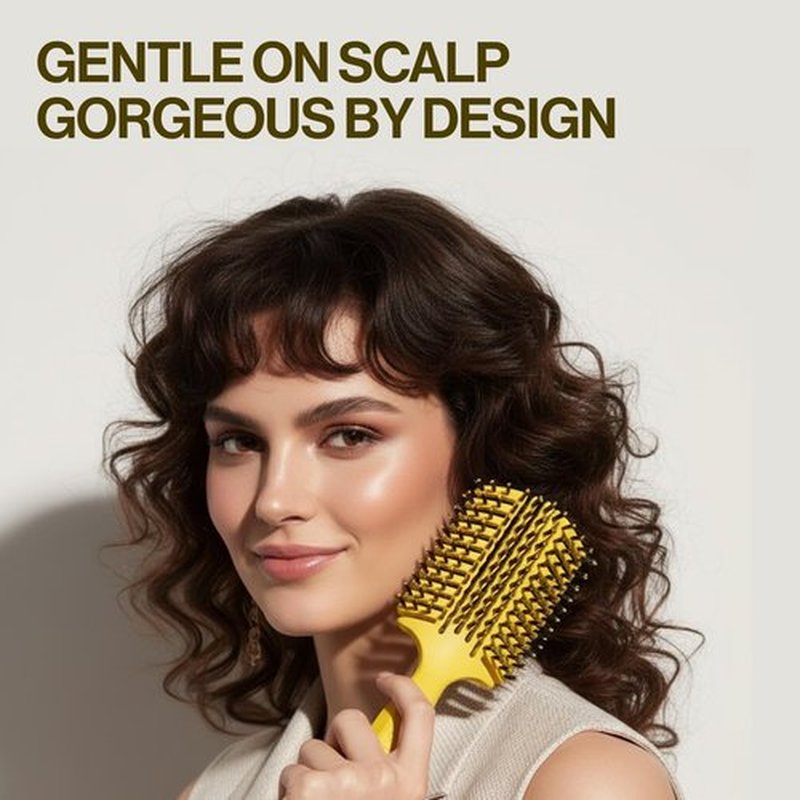 COCCO Aura Vent Boar Brush | Vented Dual-Curved Design for Faster Drying, Effortless Detangling & Shine, Boar + Nylon Bristles, Ergonomic Comfort Handle for Wet & Dry Hair Styling - Yellow