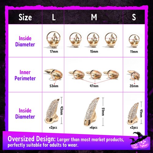 10 Pcs Halloween Costume Claws Fake Nails Ring Set, Gothic Punk Crystal Full Finger Rings 3 Sizes Retro Metal Paved Paw Bend Fingertip Claw Rings for women Men Nail Art Holiday Party (Golden)