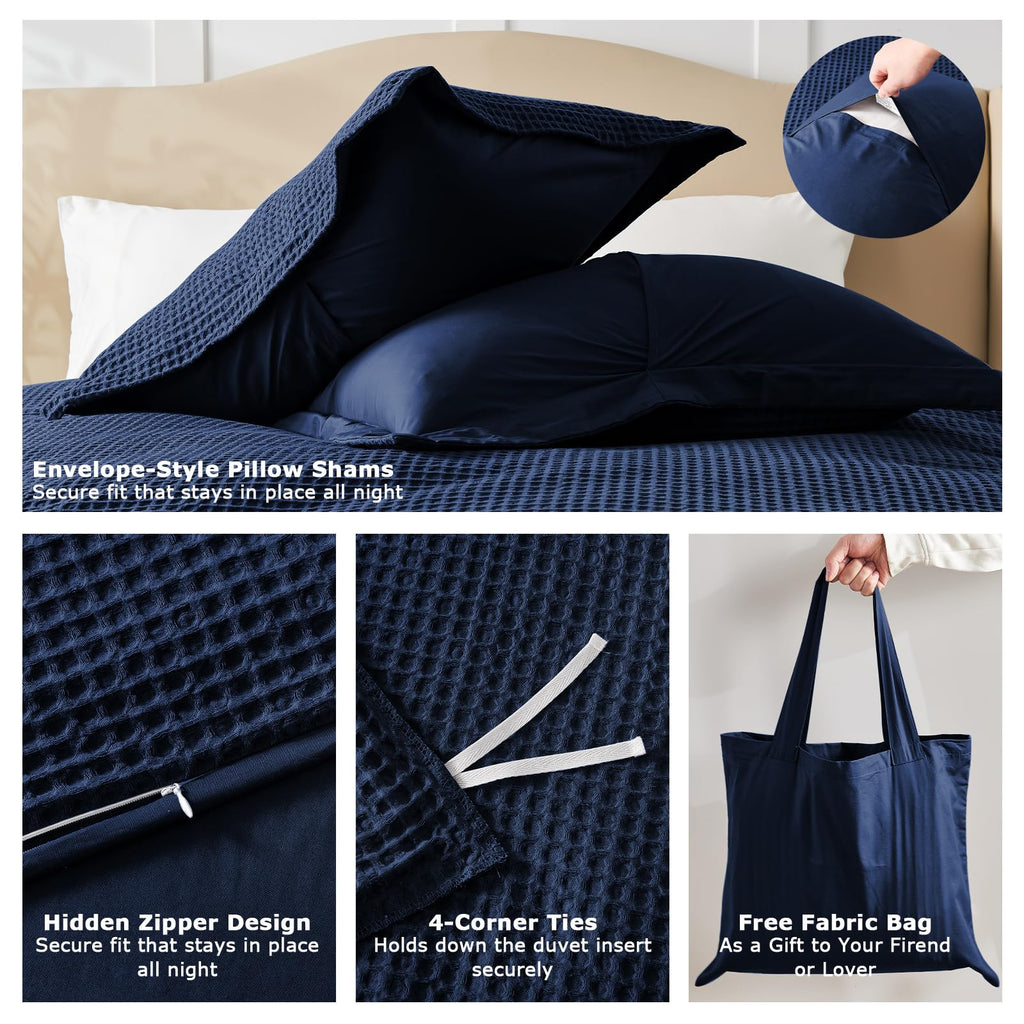 Easthome Waffle Weave Cotton Duvet Cover King Size - 100% Cotton Duvet Cover Set for All Season, Textured PureWoven Breathable Bedding Sets 3 Pcs with 2 Pillow Shams, Zipper, 4 Conner Ties,Navy Blue